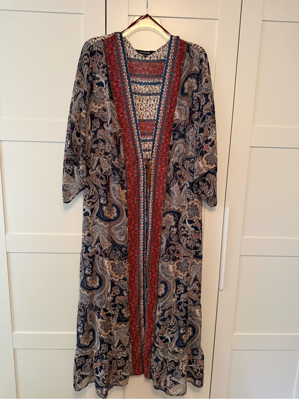 Davi & Dani Floral Paisley Open Front Duster in Blue and Rust